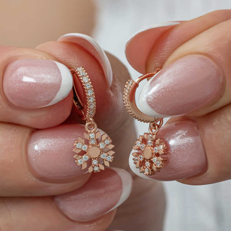 Dangle Hoop Earrings - Rose Gold Plated Snowflake with CZ