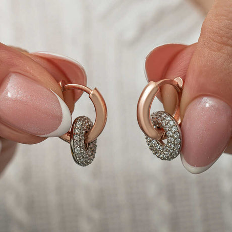 Two-Tone Hoop Earrings - Rose Gold Tone & Sparkling Pave CZ Dangle