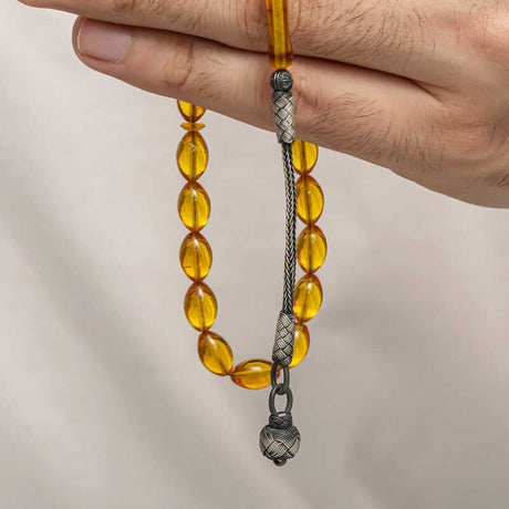 Prayer Beads - Pressed Amber & Sterling Silver Tassel Tesbih