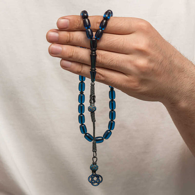 Prayer Beads - Blue Pressed Amber & Silver Handcrafted Tesbih