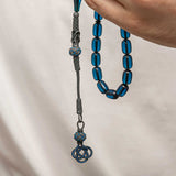 Prayer Beads - Blue Pressed Amber & Silver Handcrafted Tesbih