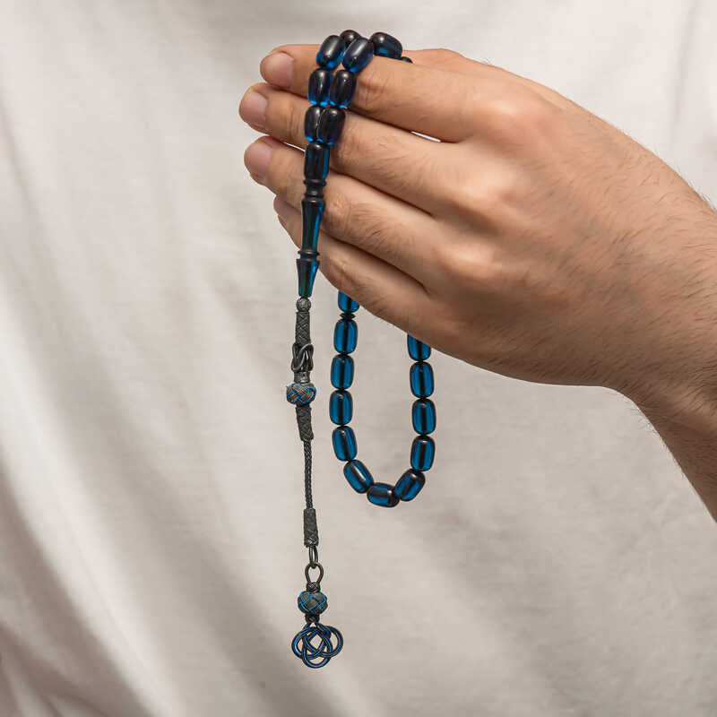 Prayer Beads - Blue Pressed Amber & Silver Handcrafted Tesbih