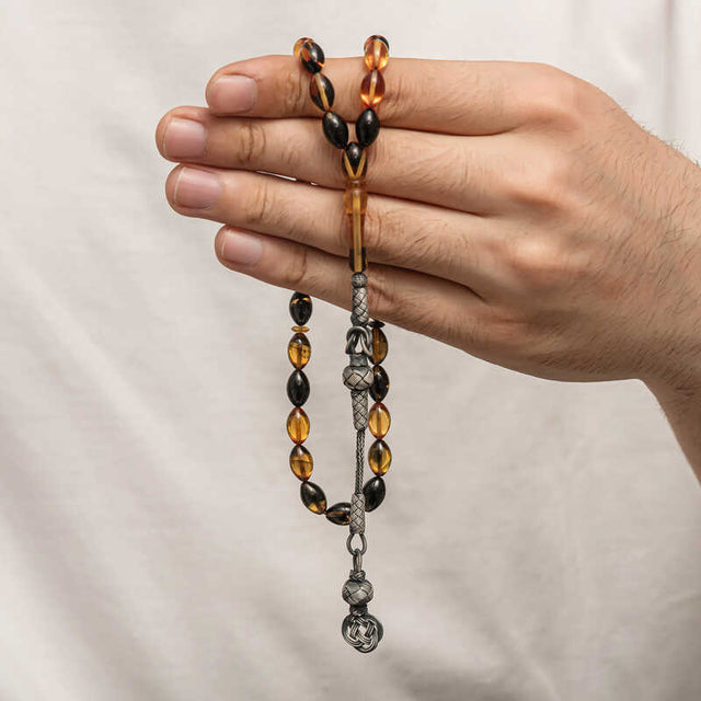 Handcrafted Prayer Beads - Two-Tone Pressed Amber with Sterling Silver Kazaz Tassel