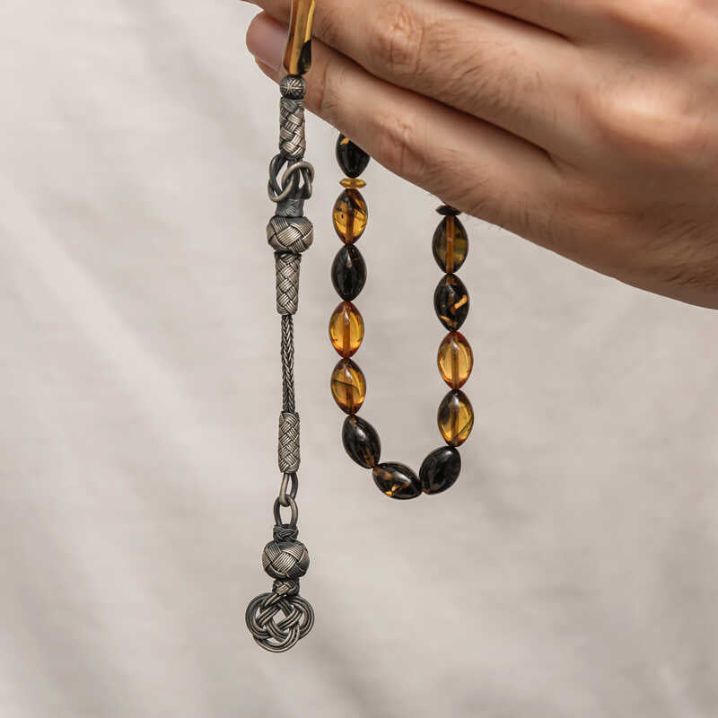 Chapelet artisanal - Ambre pressé bicolore avec pompon Kazaz en argent sterling