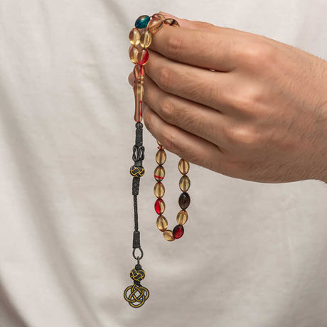 Tesbih Prayer Beads - Multi-Color Pressed Amber with Intricate Knot Tassel
