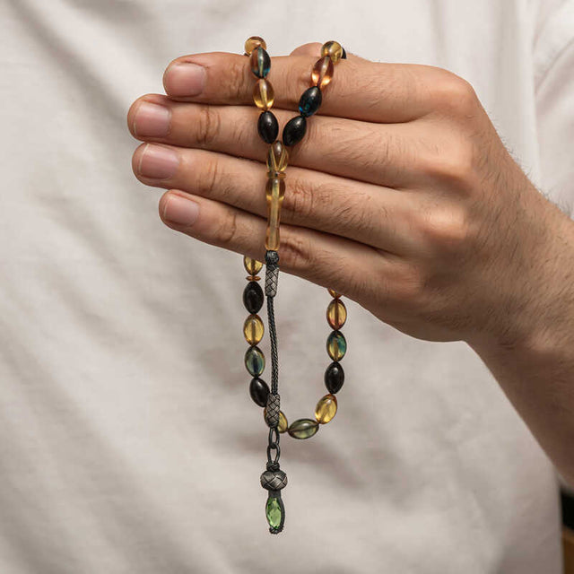 Handcrafted Tesbih - Pressed Amber Prayer Beads with Silver Tassel