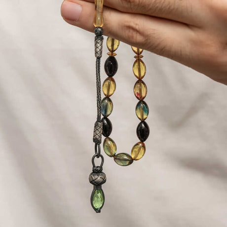 Handcrafted Tesbih - Pressed Amber Prayer Beads with Silver Tassel