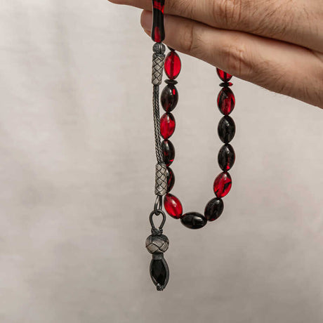 Tesbih Prayer Beads - Red & Black Sikma Kehribar & Kazaz Silver