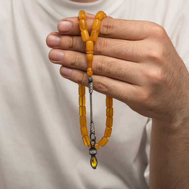Tesbih Prayer Beads - Amber-Tone with Handcrafted Silver Kazaz Tassel