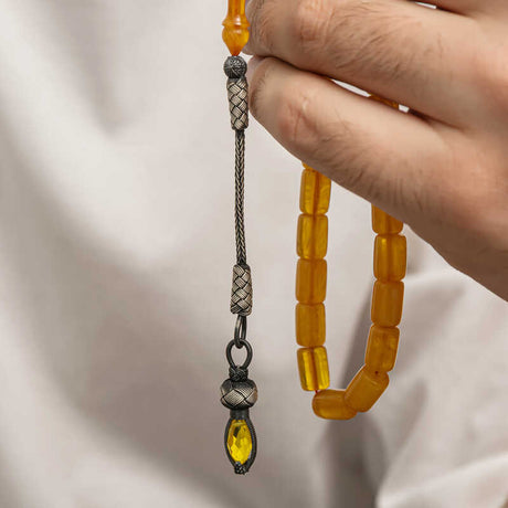Tesbih Prayer Beads - Amber-Tone with Handcrafted Silver Kazaz Tassel