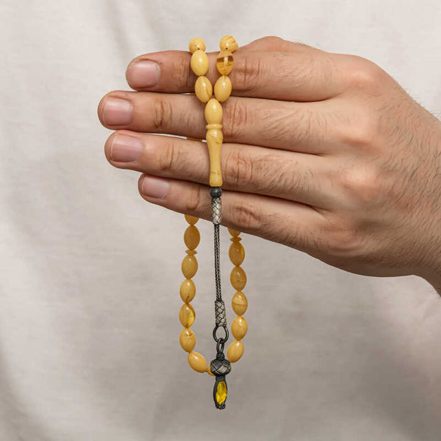 Tesbih Prayer Beads - Pressed Amber with 1000 Ayar Kazaz Silver Tassel