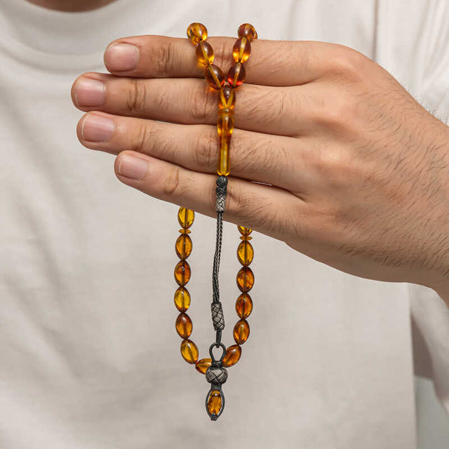 Prayer Beads - Pressed Amber & Kazaz Silver Tassel Tasbih