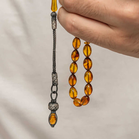 Prayer Beads - Pressed Amber & Kazaz Silver Tassel Tasbih