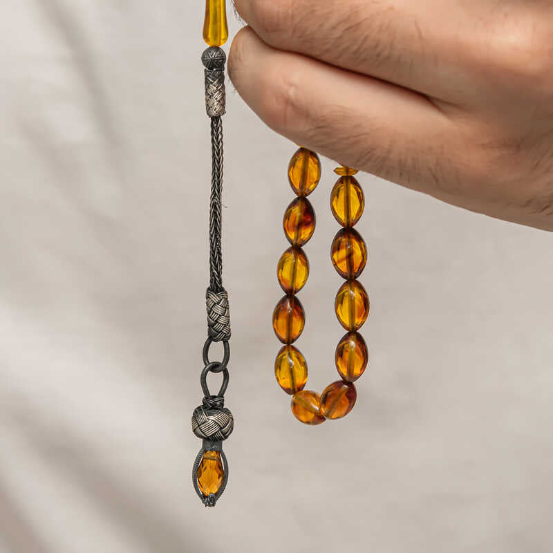 Prayer Beads - Pressed Amber & Kazaz Silver Tassel Tasbih