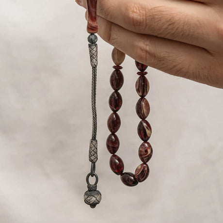 Handcrafted Prayer Beads - Pressed Amber & Silver Kazaz Tassel