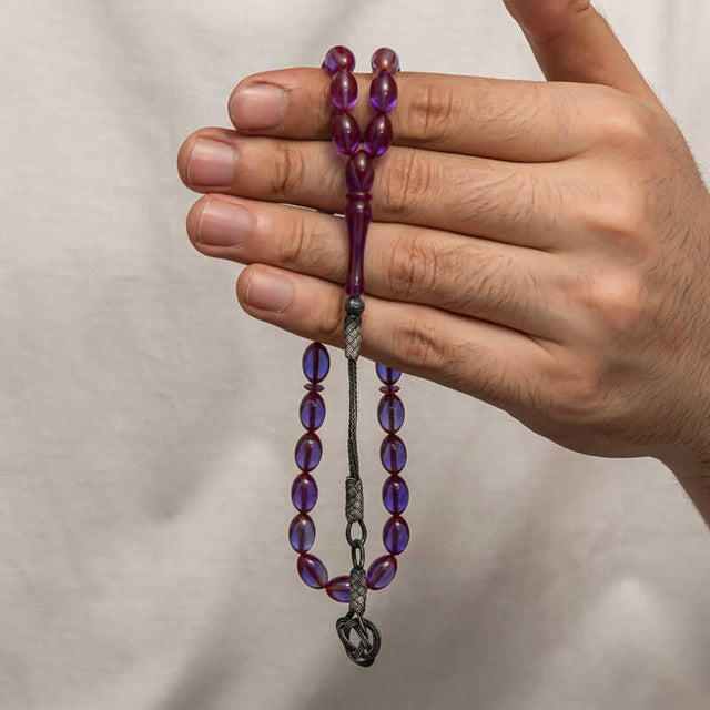 Prayer Beads - Purple Pressed Amber with Kazaz Silver Tassel