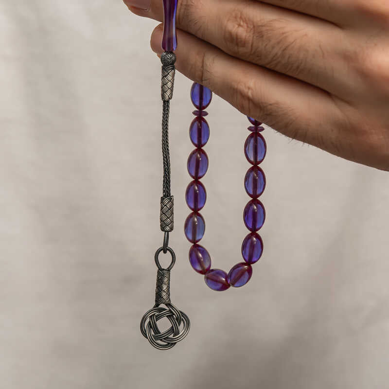 Prayer Beads - Purple Pressed Amber with Kazaz Silver Tassel