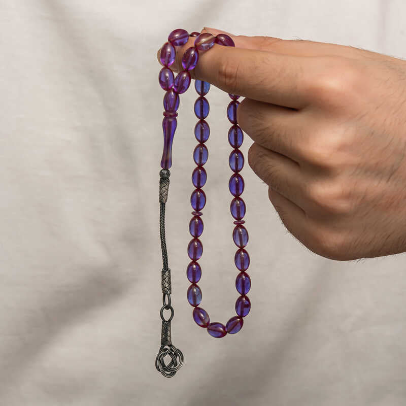 Prayer Beads - Purple Pressed Amber with Kazaz Silver Tassel