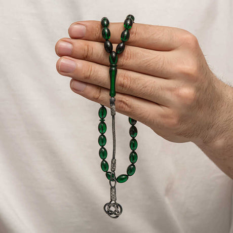 Tasbih Prayer Beads - Green Amber-Look with Silver Kazaz Tassel