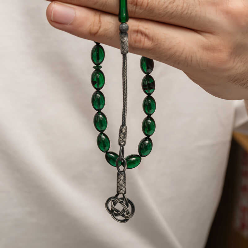 Tasbih Prayer Beads - Green Amber-Look with Silver Kazaz Tassel