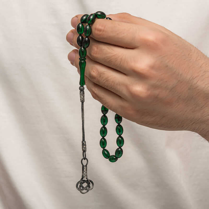 Tasbih Prayer Beads - Green Amber-Look with Silver Kazaz Tassel
