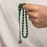 Tasbih Prayer Beads - Green Amber-Look with Silver Kazaz Tassel