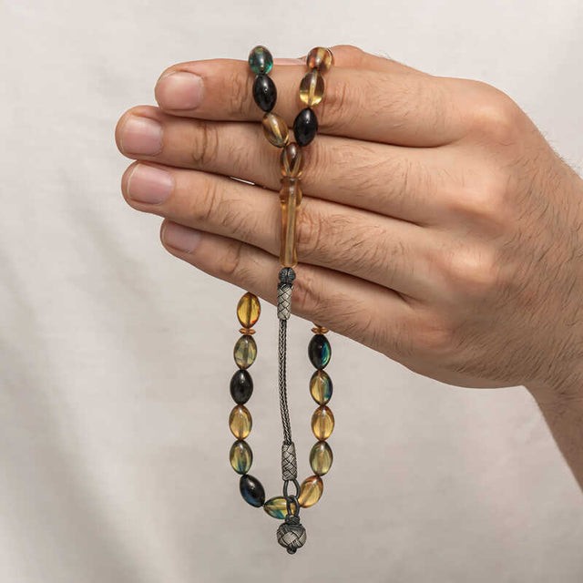 Tasbih Prayer Beads - Amber Resin with Sterling Silver Kazaz Tassel