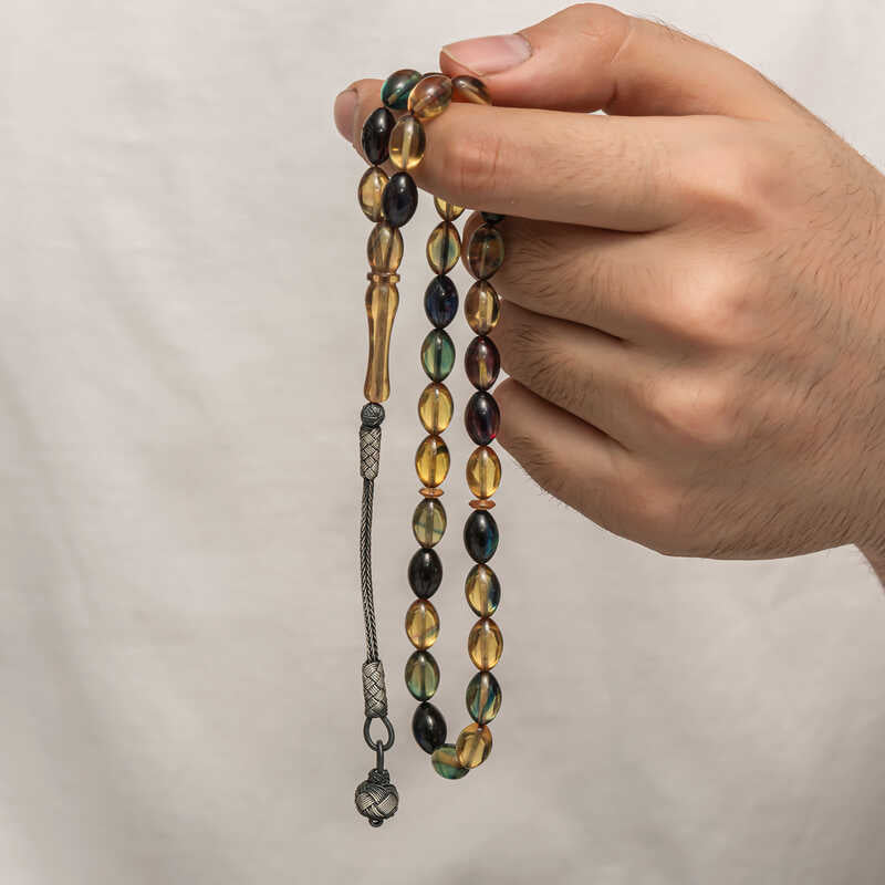 Tasbih Prayer Beads - Amber Resin with Sterling Silver Kazaz Tassel