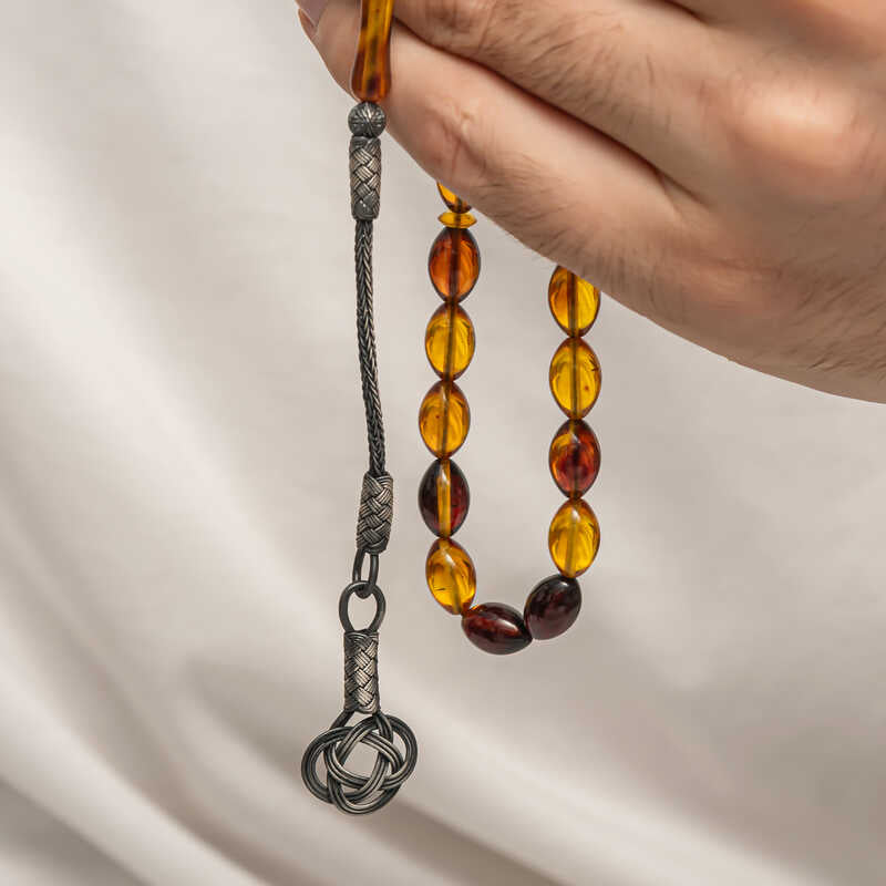 Elegant Handcrafted Amber Prayer Beads with Silver Kazaz Tassel