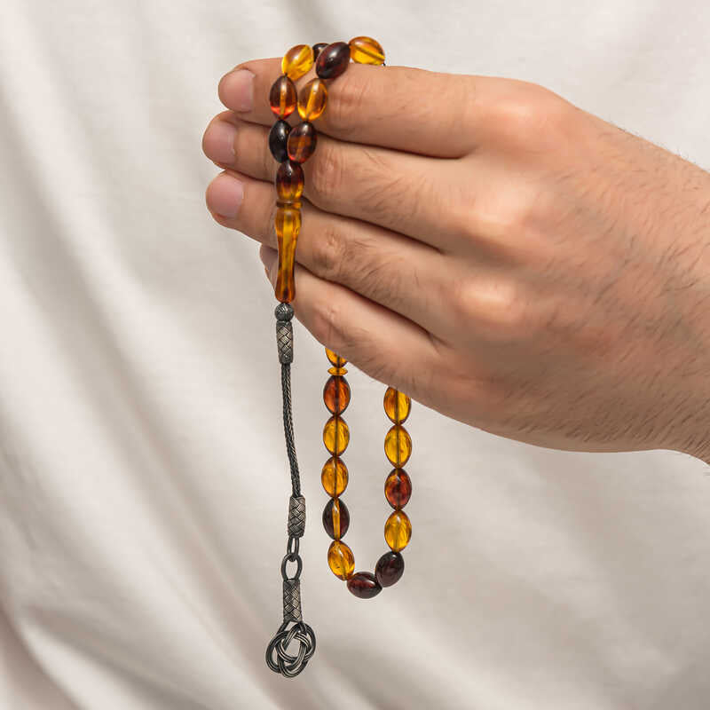 Elegant Handcrafted Amber Prayer Beads with Silver Kazaz Tassel