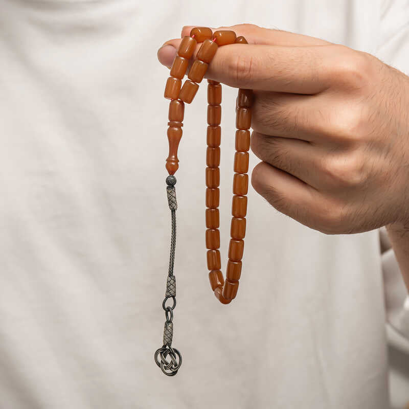 Tasbih Prayer Beads - Pressed Amber with Kazaz Silver Tassel