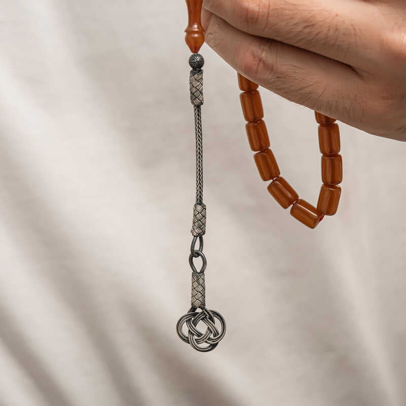 Tasbih Prayer Beads - Pressed Amber with Kazaz Silver Tassel