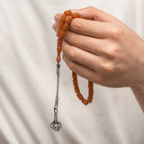 Tasbih Prayer Beads - Pressed Amber with Kazaz Silver Tassel