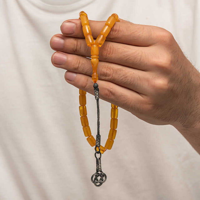 Handcrafted Prayer Beads - Pressed Amber with Silver Kazaz Tassel