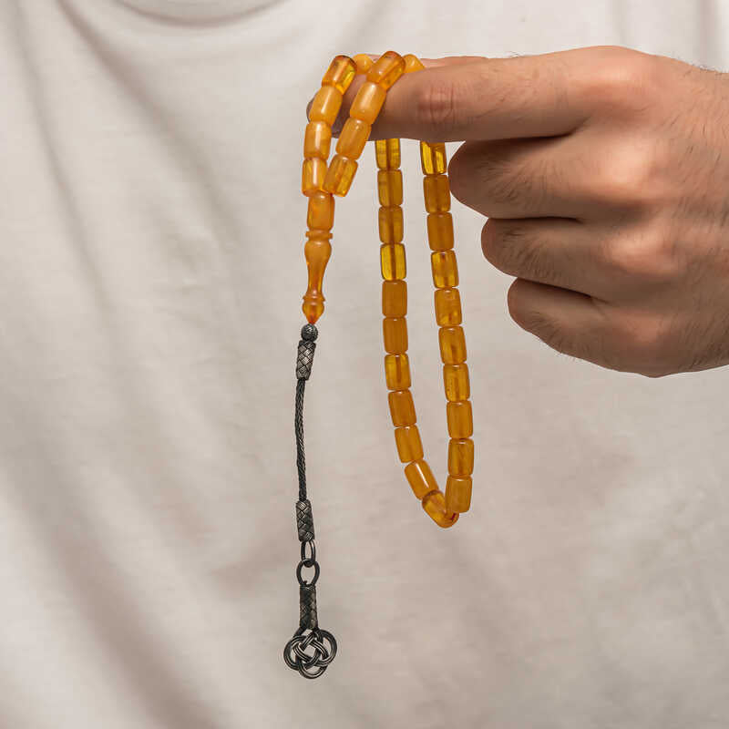Handcrafted Prayer Beads - Pressed Amber with Silver Kazaz Tassel
