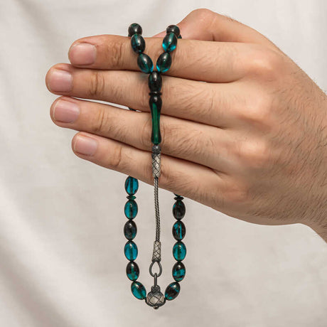 Teal Sikma Kehribar Prayer Beads - Silver Kazaz Tassel