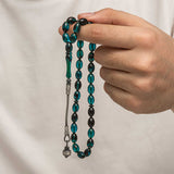 Teal Sıkma Kehribar Prayer Beads - Silver Kazaz Tassel