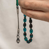 Teal Sıkma Kehribar Prayer Beads - Silver Kazaz Tassel