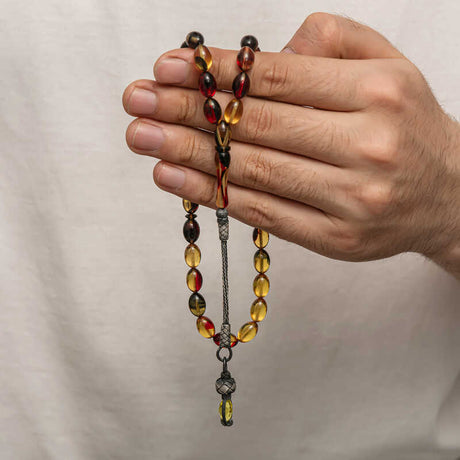Tesbih - Compressed Amber Beads with Braided Silver Tassel