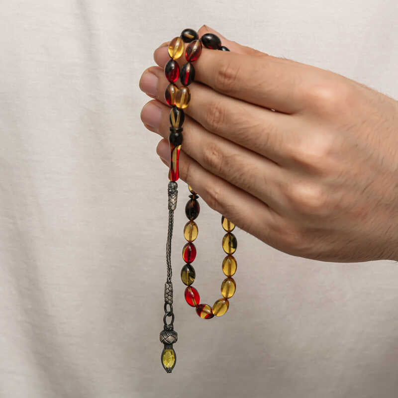 Tesbih - Compressed Amber Beads with Braided Silver Tassel