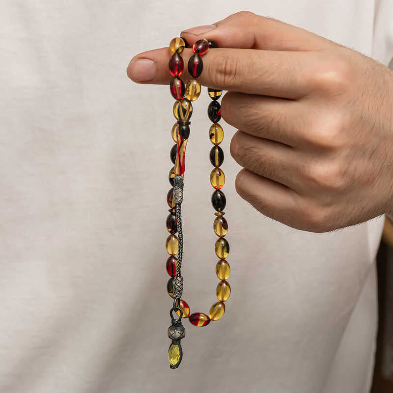 Tesbih - Compressed Amber Beads with Braided Silver Tassel