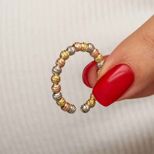 Adjustable Tri-Color Dorika Beaded Ring - Gold, Rose Gold & Silver