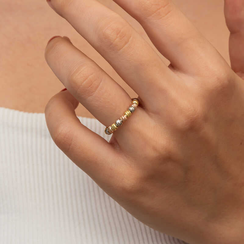 Adjustable Tri-Color Dorika Beaded Ring - Gold, Rose Gold & Silver