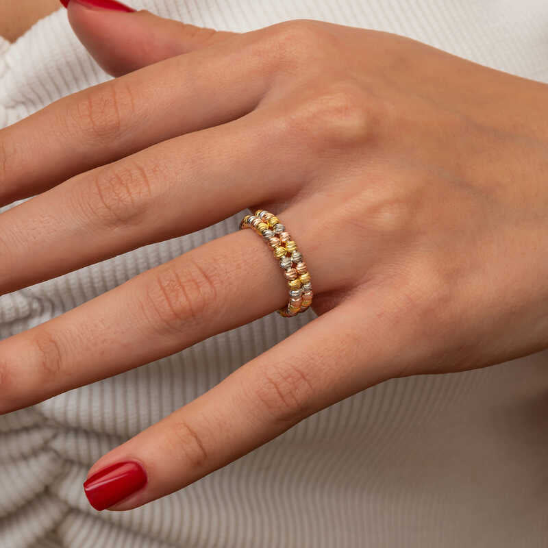 Adjustable Two-Row Dorika Ring - Mixed Tone Beaded Silver