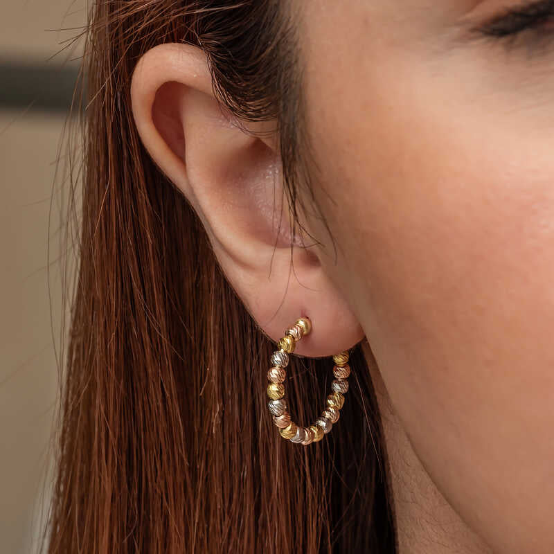 Multi-Tone Dorika Beaded Hoop Earrings - Gold, Rose & Silver