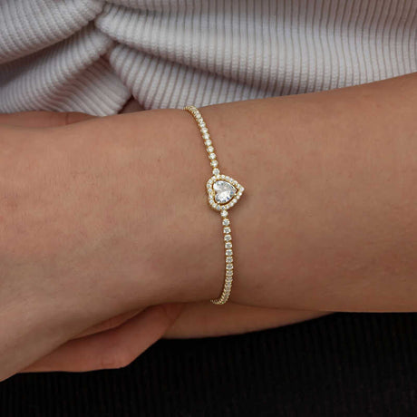 Gold-Tone Heart Halo Tennis Bracelet - Sparkling Cubic Zirconia
