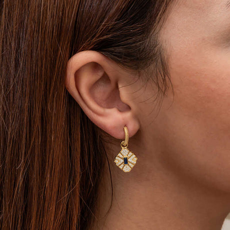 Gold-Tone Hoop Dangle Earrings - Zircon & Blue Stone Art Deco Design