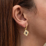 Gold-Tone Hoop Dangle Earrings - Zircon & Blue Stone Art Deco Design