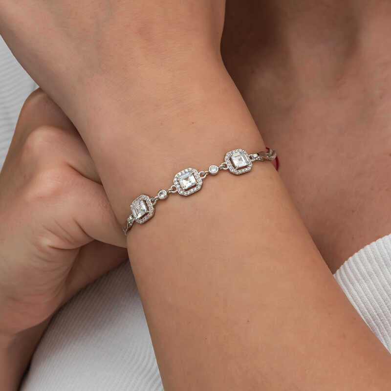 Sterling Silver - Elegant Square Cut Cubic Zirconia Bracelet