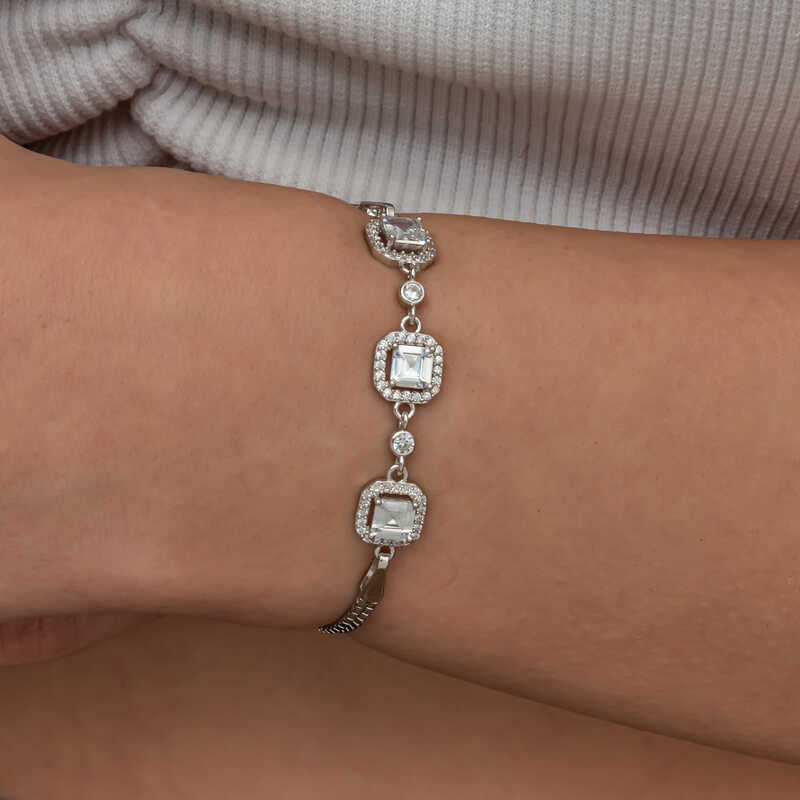 Sterling Silver - Elegant Square Cut Cubic Zirconia Bracelet